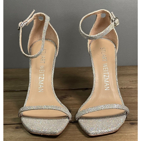 Stuart Weitzman Women's Nudistcurve Heeled Sandal Size 6.5 Crystal Silver 100 mm - Picture 3 of 16